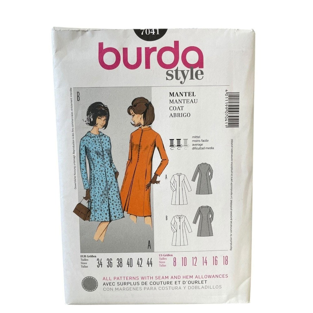 Burda Style 7041 Coat Sewing Pattern Sizes 8-18 Semi-Fitted UNCUT FF